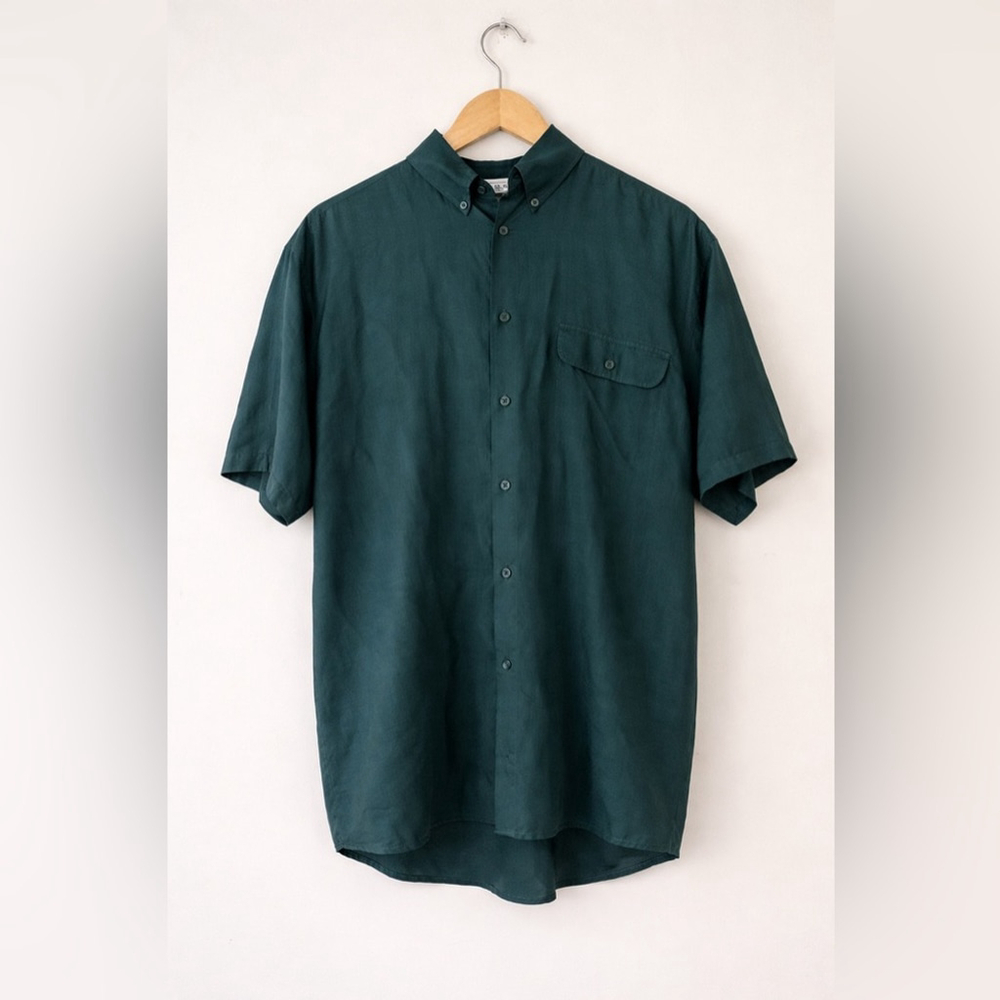 Vintage Bosa Green Silk Short Sleeve Button Up Shirt Relaxed Fit